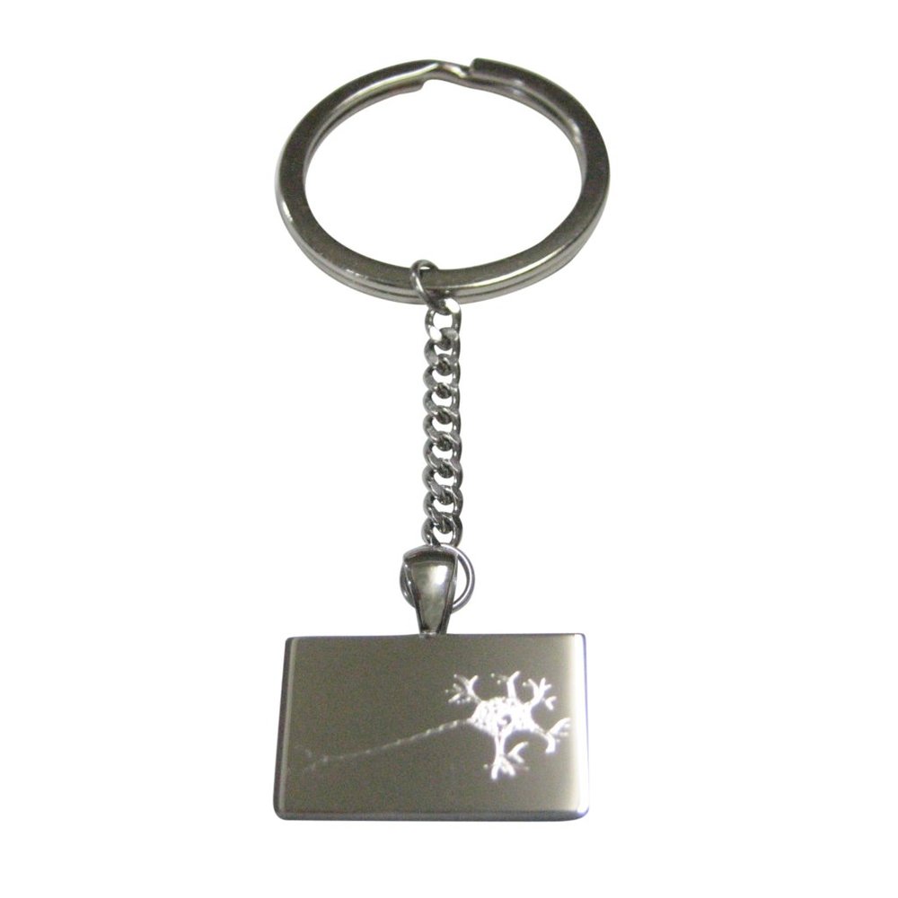 Silver Toned Rectangular Etched Anatomical Neuron Nerve Cell Pendant Keychain